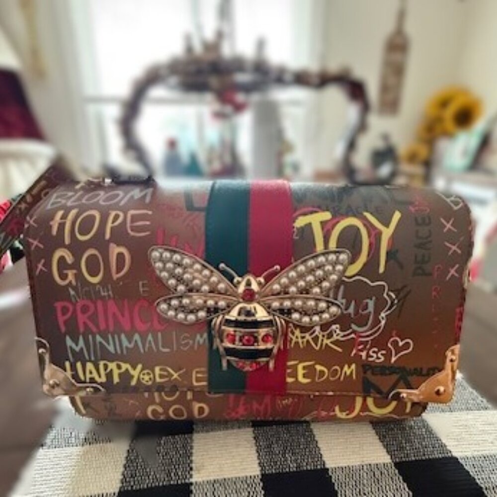 Alba Brown Graffiti Crossbody Bag with Bee Accent